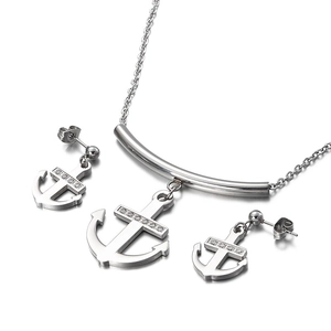Silver stainless steel anchor jewelry set with rhinestones necklace and earrings