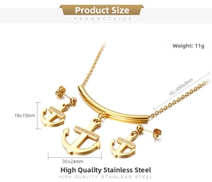 Vue détaillée de l'ensemble bijoux ancre en acier inoxydable avec mesures du collier