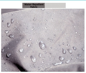 Macro shot of water-repellent fabric on fishing hat showing droplets bead up on gray surface