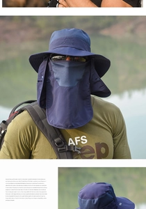 Detail of outdoor sun hat featuring breathable mesh face mask and long neck protection flap