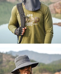 Detail view of quick-dry outdoor sun hat with neck flap and breathable mesh in dark grey