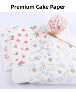 Macro view of food-grade oilproof greaseproof paper with strawberry and vintage stamp patterns
