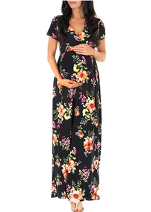 Maternity Maxi Dress Polyester Cotton V-Neck Short Sleeve Empire Waist Floral Print Long Pregnant Women Gown