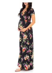 Floral maternity maxi dress with V-neck and high waist, short sleeves in soft black fabric