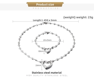 Detailed size chart for stainless steel heart pendant necklace and bracelet set