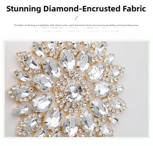 Macro shot of high-quality claw-set rhinestones and golden base on a luxury evening handbag