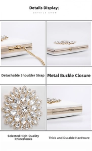 Detail of white evening clutch featuring floral rhinestone clusters and gold hardware