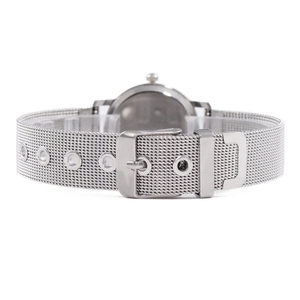 Minimalist silver stainless steel watch with mesh band and adjustable buckle closure