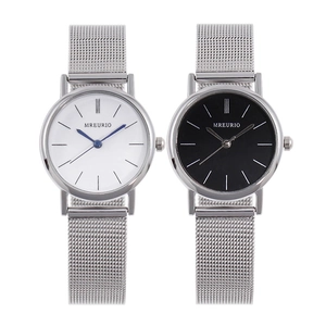 Minimalist quartz couple watches with blue needles and silver stainless steel mesh bands