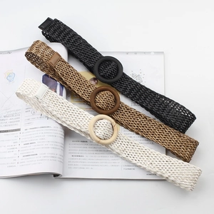 Ceinture Tressée Décontractée pour Femmes Avec Boucle en Bois Ronde Ceinture Élastique Bohème pour Robes Accessoires