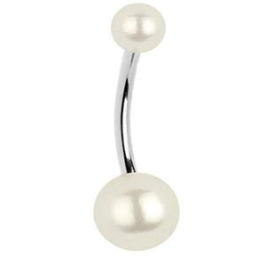 Surgical stainless steel belly button ring with polished white pearls on curved bar