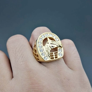 Gold stainless steel horse head ring with iced out horseshoe frame worn on finger