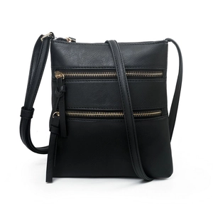 Black pebble PU leather crossbody bag with dual gold zippers and adjustable strap