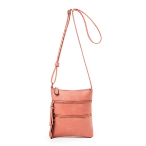 Coral orange crossbody bag with triple zipper pockets and stylish tassel detail