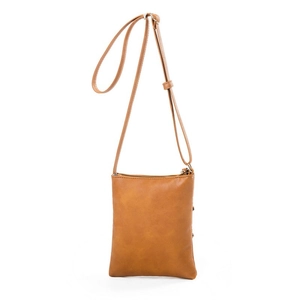 Detailed view of the brown leather shoulder bag with zipper and adjustable strap