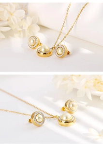 Detailed view of golden pearl jewelry set with sparkling rhinestones and floral background