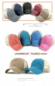 Detail showing breathable mesh panels and washed cotton fabric on unisex baseball caps