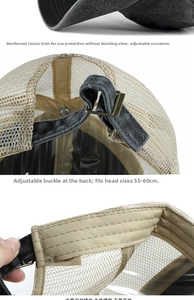 Detail view of denim mesh baseball cap with adjustable buckle and interior stitching
