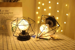 Detail of minimalist black geometric wire table lamp with warm LED Edison bulb