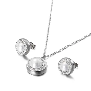 Elegant Women Stainless Steel Necklace Stud Earrings Sparkling Rhinestone Inlaid Round Shell Artificial Pearl Jewelry Fashion Accessory