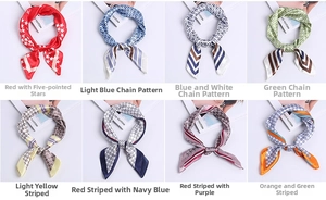 Detailed grid of satin silk neck scarves featuring various floral and geometric print patterns
