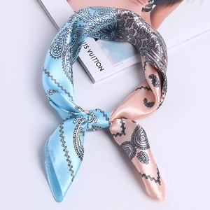 Silk-like satin square scarf with paisley floral print in sky blue and peach orange tones