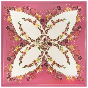 Detailed pattern of butterfly and floral print on large 130cm pink twill silk scarf