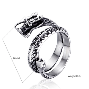 Detailed close-up of retro silver dragon ring showing 26mm size and 8.7g weight