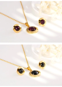 Détails du coffret collier et boucles d'oreilles en cristal rond doré en violet et noir