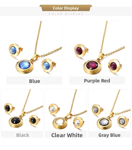 Vue détaillée des parures collier et boucles d'oreilles en cristal de cinq couleurs