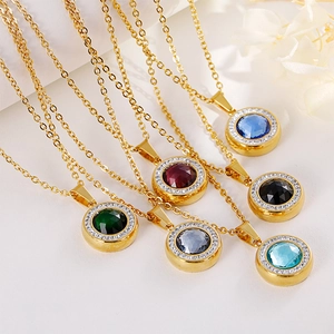 Golden crystal glass pendant necklaces with micro-pave diamonds in various colors
