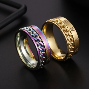 Detail of rotatable Cuban chain on stainless steel ring with Roman numeral engraving
