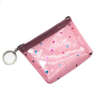 Portamonete in rete rosa con paillettes a cuore e anello portachiavi in metallo