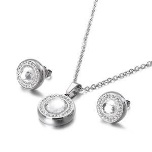 Titanium steel jewelry set featuring a round crystal necklace and stud earrings with halo diamonds