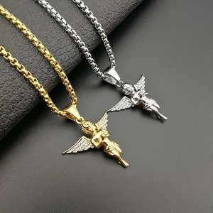 Angel Pendant Necklace Titanium Steel With Rhinestone Wings Cupid Prayer Style Hip Hop Jewelry For Men Women