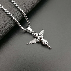 Silver angel pendant necklace with rhinestone wings on woven chain for men and women