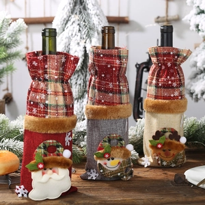 Christmas plaid burlap wine bottle covers with Santa, snowman and reindeer designs