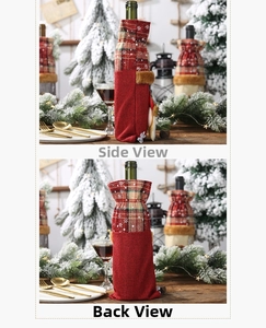 Side and back view of red burlap and plaid Christmas wine bottle covers with snowflakes