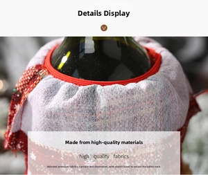 Detail of Christmas wine bottle cover with red plaid fabric and elastic neck design