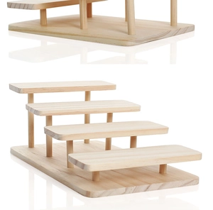 Macro view of four-tier wooden staircase display stand for eyeglasses with light natural finish