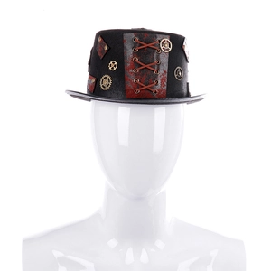 Steampunk Gothic Top Hat With Metal Gears And Leather Straps Vintage Black Felt Costume Hat For Halloween Cosplay