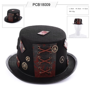 Gothic steampunk top hat with metallic gears and leather patches for festival cosplay