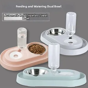 Dual pet feeder set with auto water refill system and stainless steel bowls in three colors