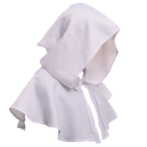 Detailed view of white fabric hood and cloak with lace-up ties for Halloween costume