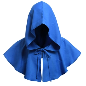 Detail of royal blue hooded cloak with matching neck ties for cosplay costumes