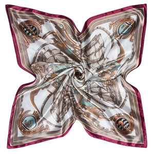 Detailed pattern of a 90cm silk scarf with hand-painted sailing ships and anchor motifs