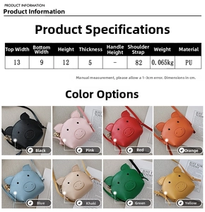 Detailed size specifications and 8-color variety chart for kids' mini cartoon crossbody bag