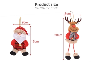 Detailed size specifications for Santa and reindeer plush Christmas tree ornaments