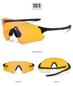 Multi-angle view of professional cycling sunglasses with orange lens and black frame