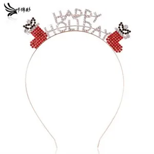 Detail of rose gold Happy Holiday headband with festive rhinestone Christmas socks